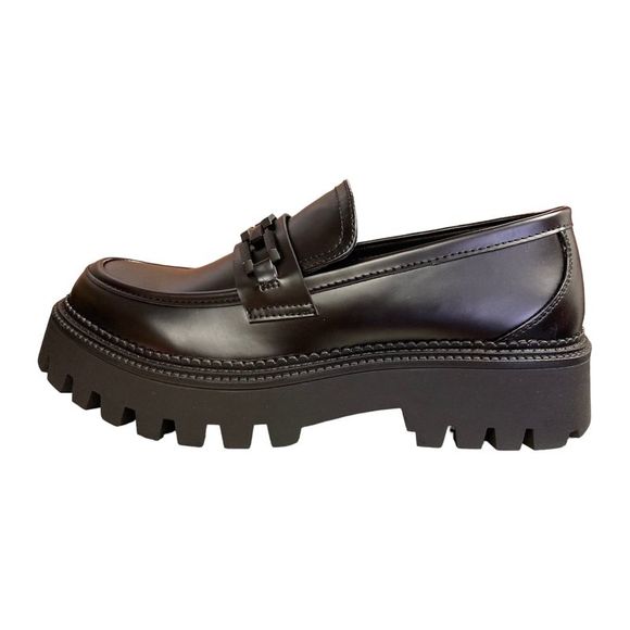 Black - Steve Madden Women's Aerin Lug Sole Chain Design Chunky Heel Loafer Slip - Picture 3 of 4